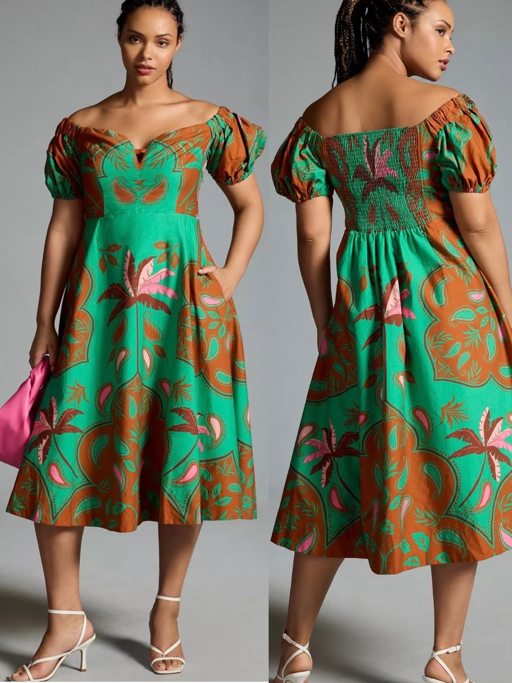 Anthropologie Maeve Puff Sleeve Sweetheart Dress Size 12 Large Tropical Resort